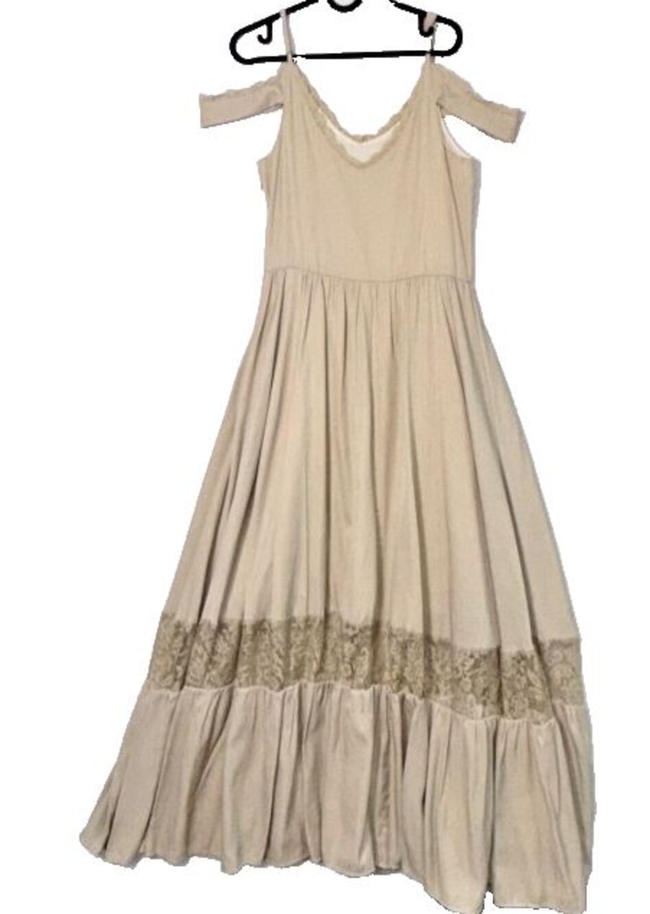 MIAJOY Prairie Maxi Dress Woman's SM Lace Peasant Boho CottageCore Western Beige - Picture 10 of 12